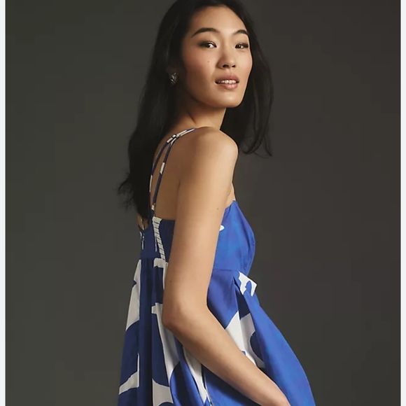 ANTHROPOLOGIE Dress MED Printed Babydoll Smock Maxi Blue White Abstract Strappy - Picture 3 of 11